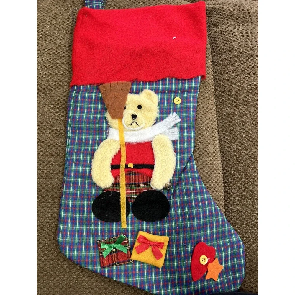 Christmas Holiday Stockings teddy bears Blue Red Applique Felt Decor 3D